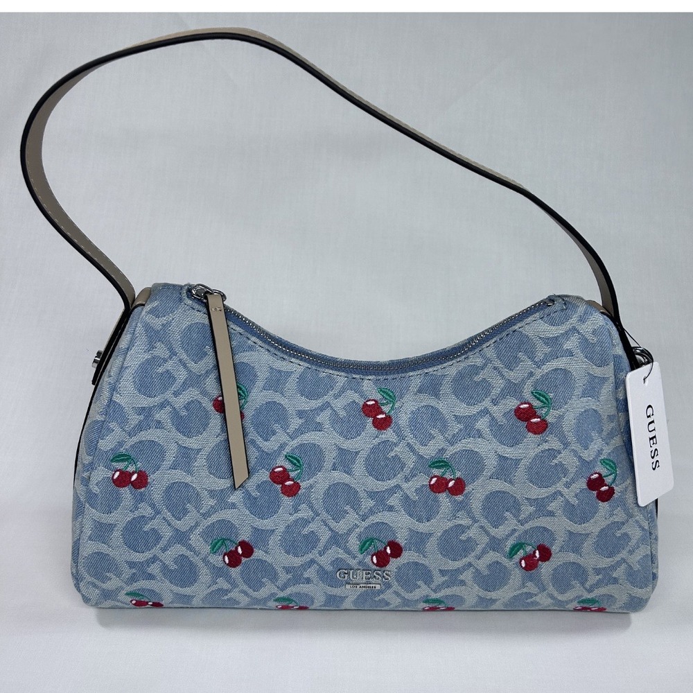 GUESS Jasmin Monogram Denim Baguette Bag Cherryโ Print Blue Leather Charm NWT